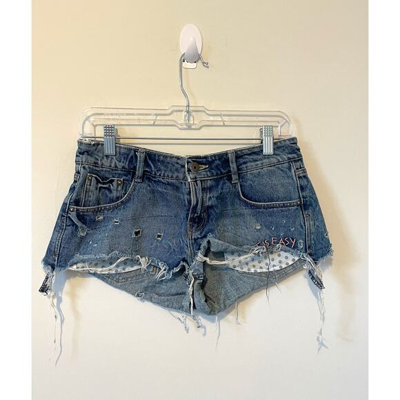Zara Art is Easy Cut Off Distressed Denim Shorts Blue Pink Size 4 - Picture 2 of 6